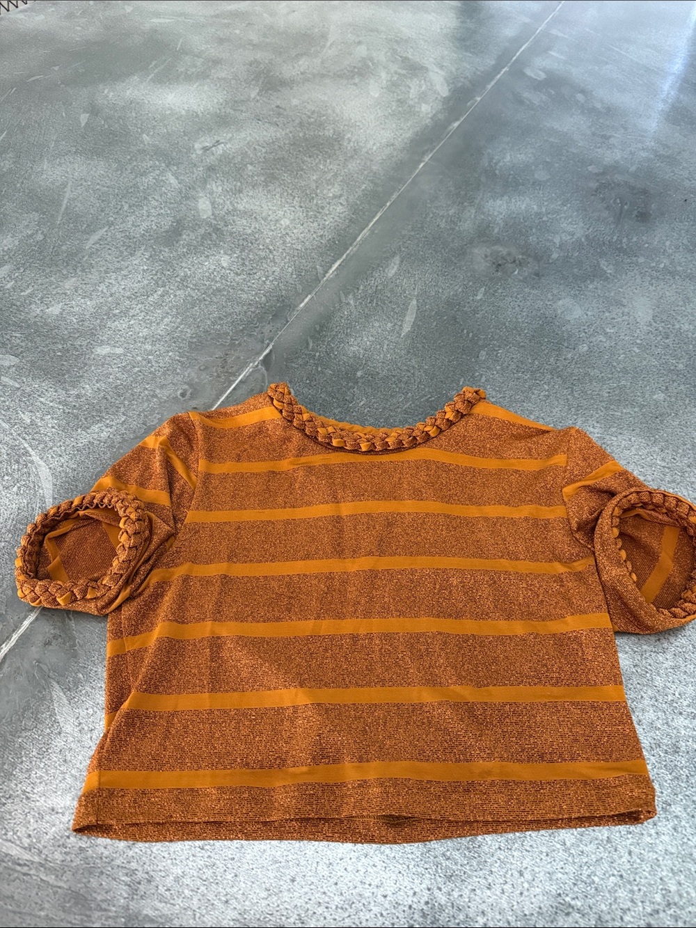 Braided Trim Striped Short Sleeve Top in Rust Orange